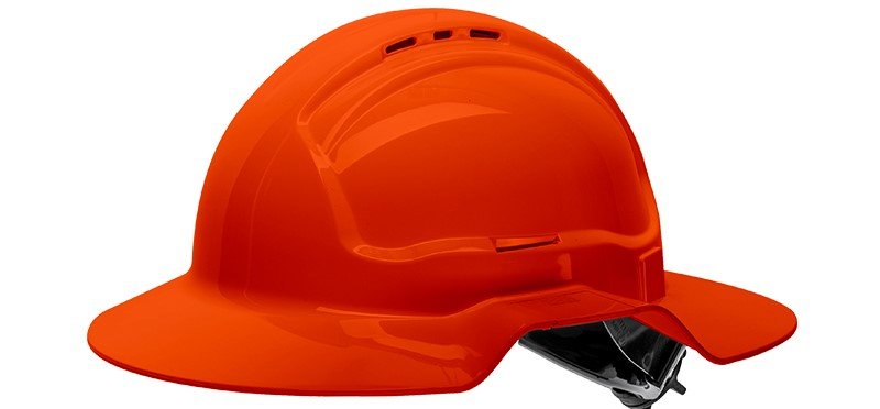 Orange Broad Brim Vented Hard Hat - Ratchet Harness