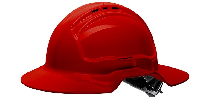 Red Broad Brim Vented Hard Hat - Ratchet Harness