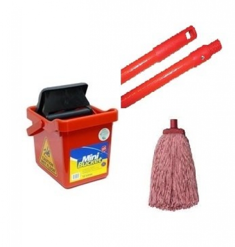Water Saving' Mini Mop Bucket with Wringer with Mop and Handle - Red